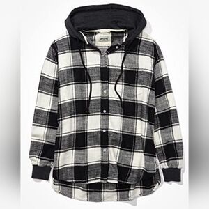 American Eagle Oversized Black and White Plaid Hooded Shirt Size Small